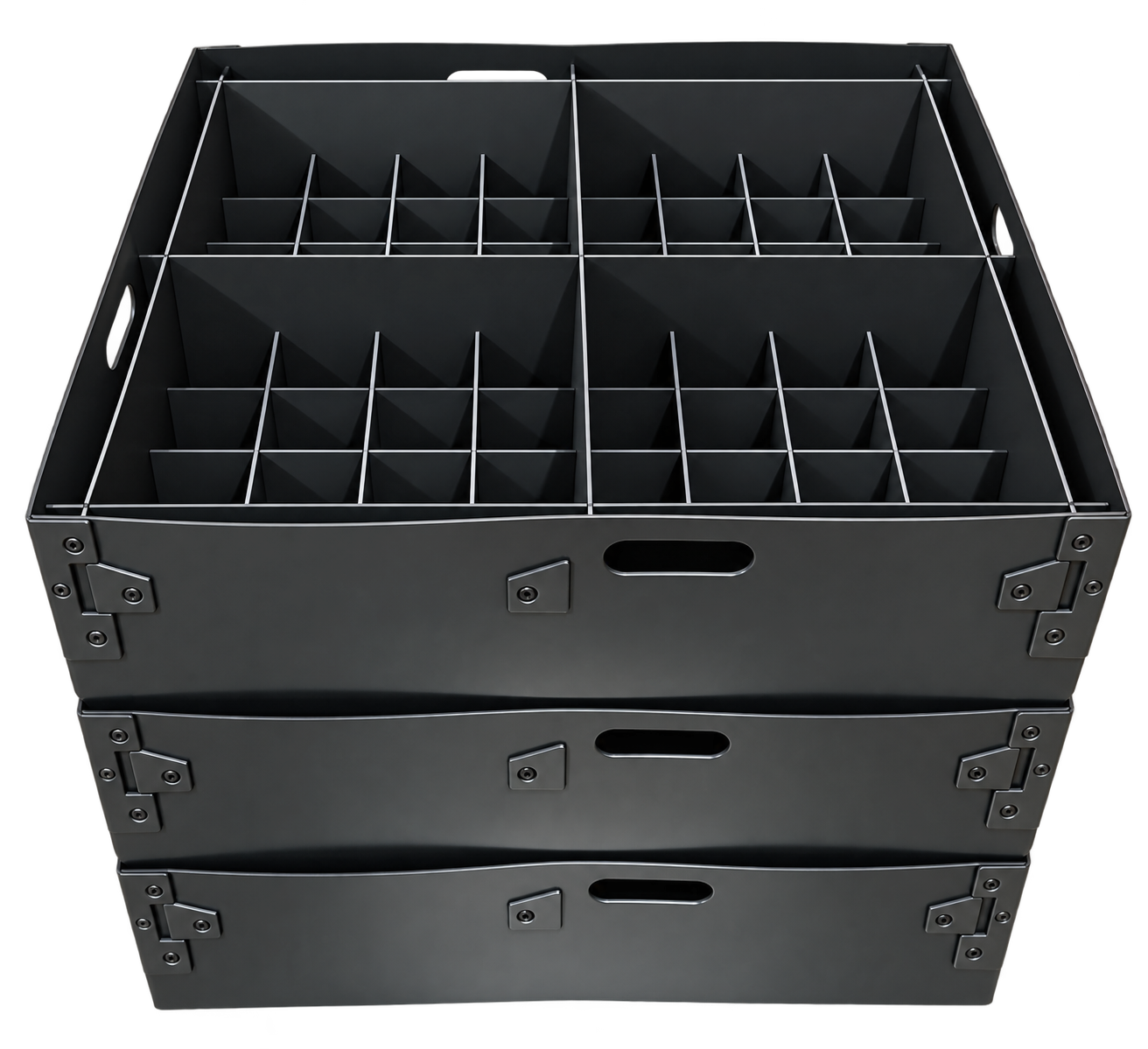 Stackable returnable containers with solid-HDPE partition grids