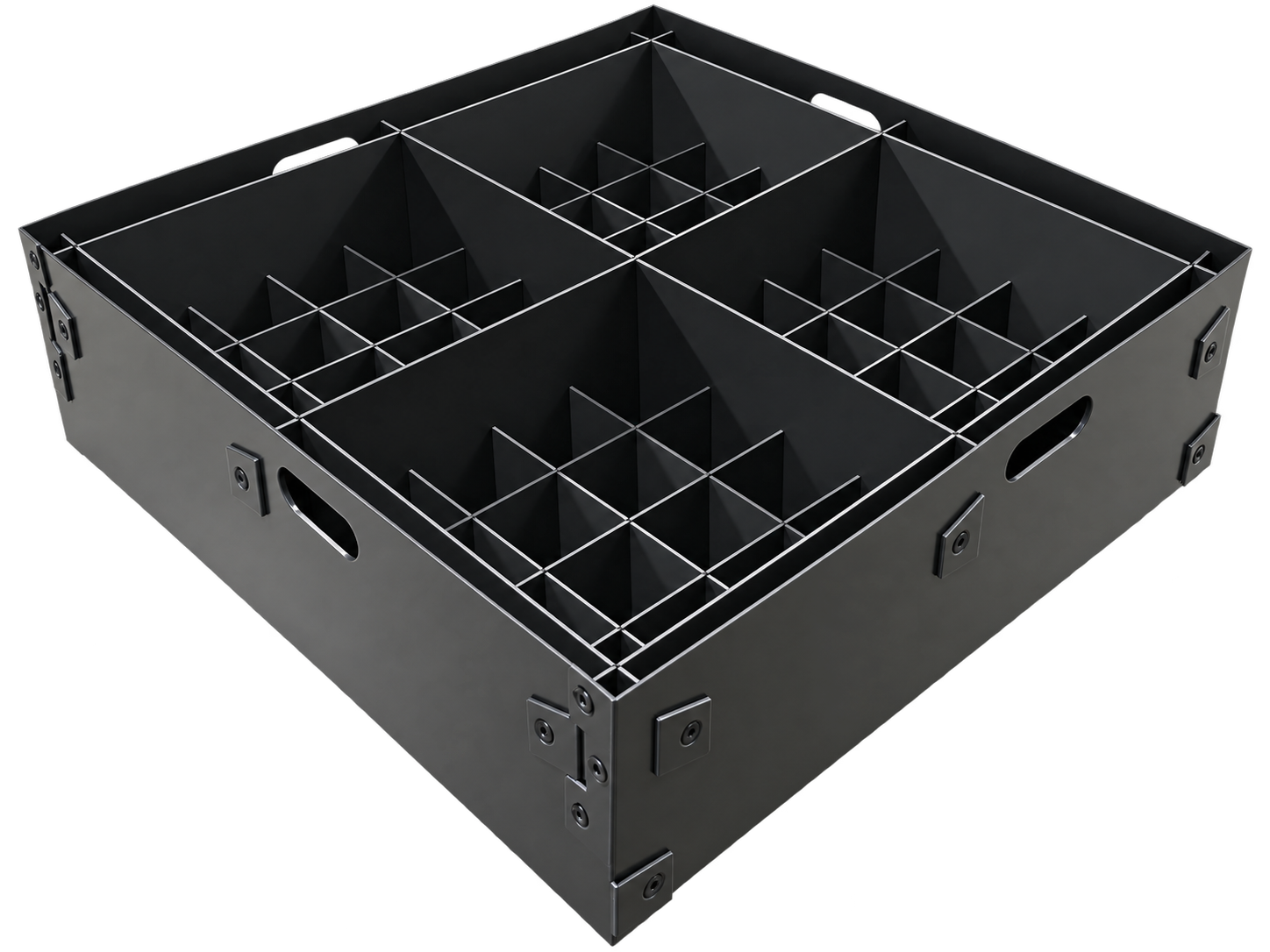 Black returnable tote with a four-compartment custom solid-HDPE partition grid
