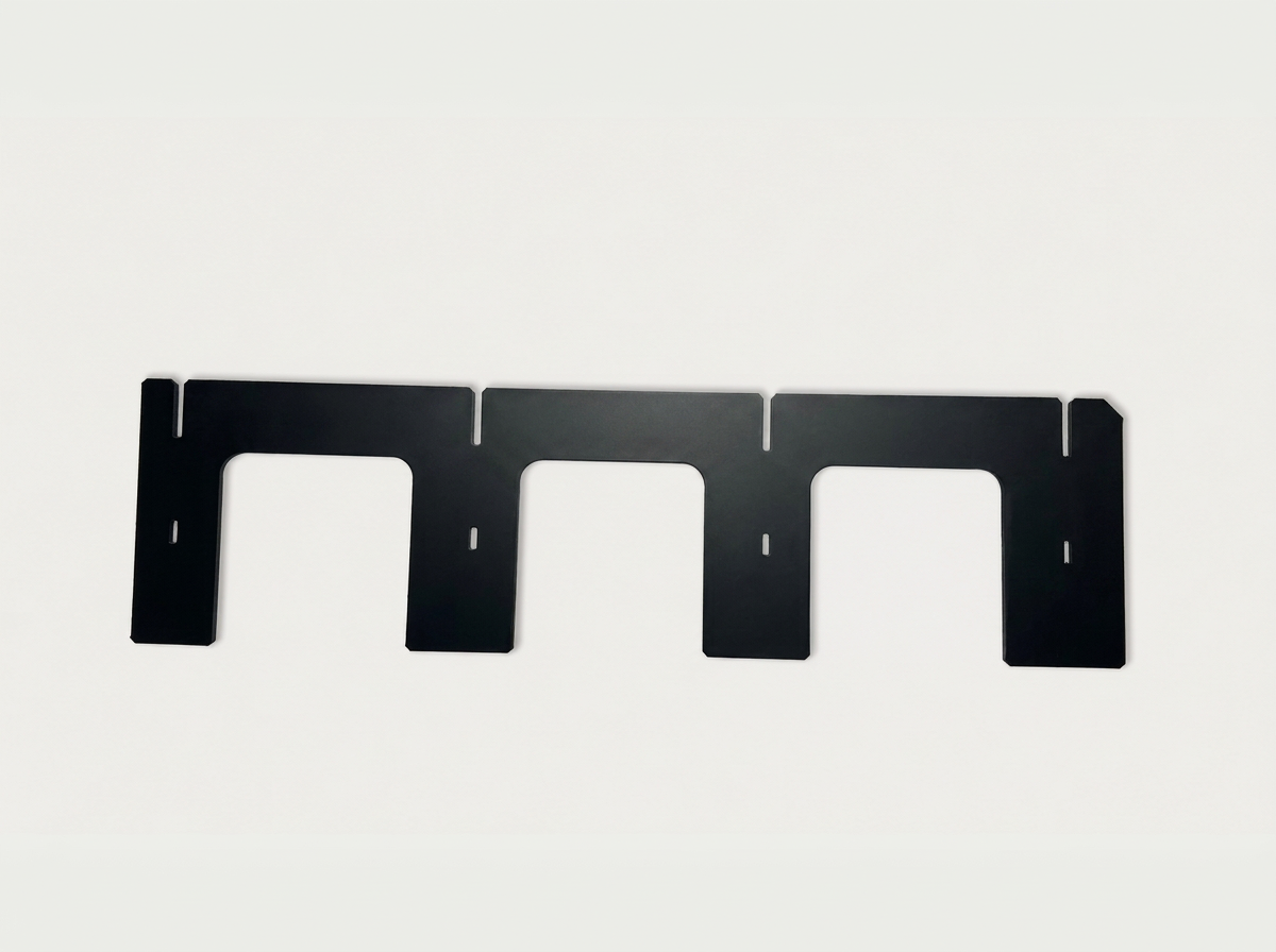Wide black HDPE divider panel with three large rounded cutouts and narrow vertical slots
